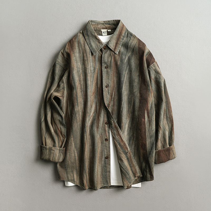 Jesenska muška košulja s tie-dye efektom i prugastom teksturom, laneno-mješavina YC-05, japanski retro stil