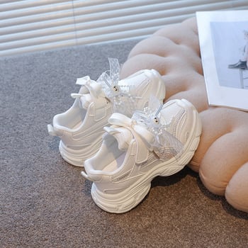 Dječje tenisice s kristalima u princes stilu, proljetno-jesenski model 2026, mrežasti gornji dio, čipka i mašna, Velcro zatvarač