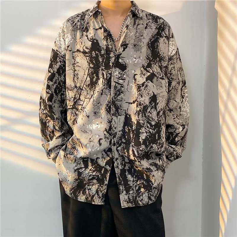 Muška košulja u Harajuku stilu s tie-dye, lagana ljetna s dugim rukavima, opušten kroj za svakodnevno nošenje.
