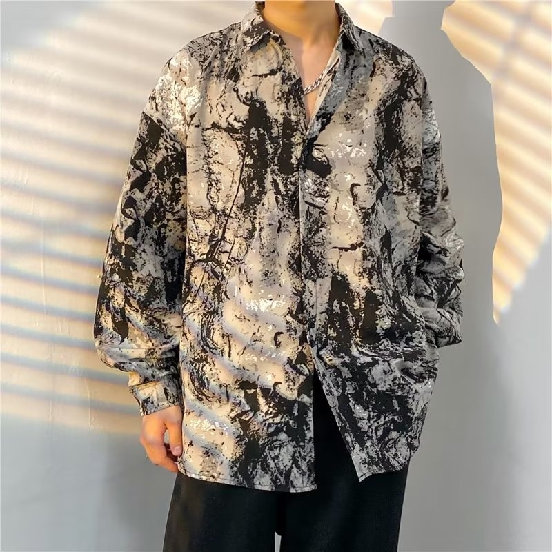 Muška košulja u Harajuku stilu s tie-dye, lagana ljetna s dugim rukavima, opušten kroj za svakodnevno nošenje.