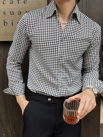 Мъжка риза с дълги ръкави в принт Houndstooth, Slim Fit, пролет 2026