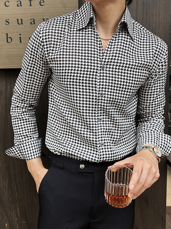 Мъжка риза с дълги ръкави в принт Houndstooth, Slim Fit, пролет 2026