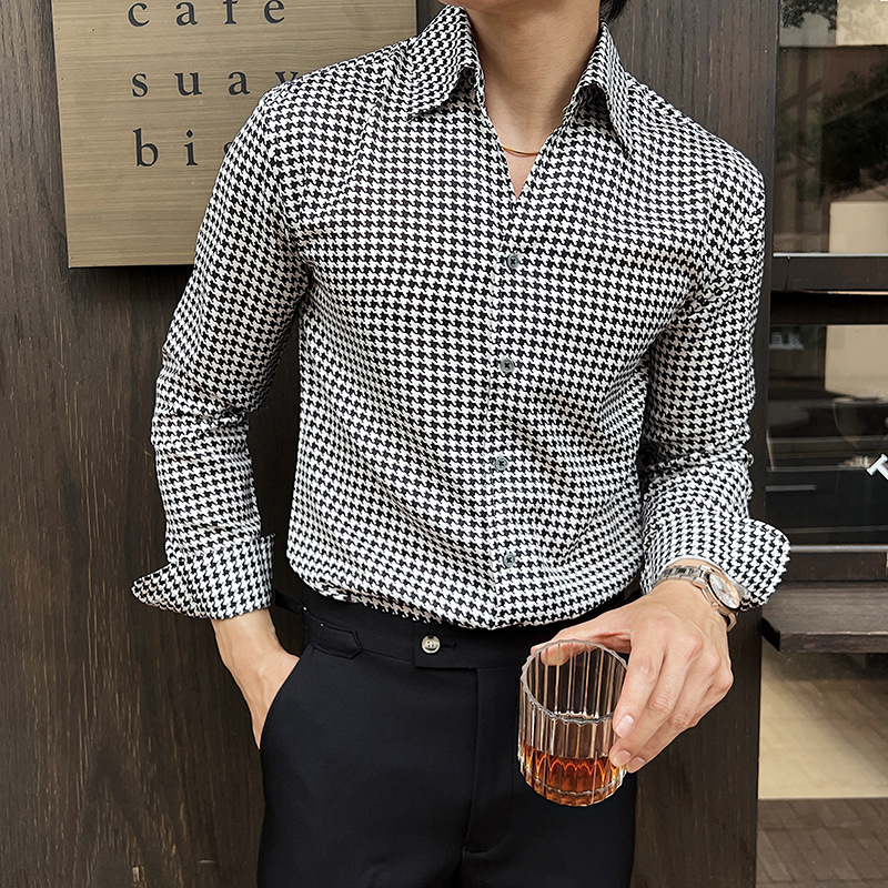 Мъжка риза с дълги ръкави в принт Houndstooth, Slim Fit, пролет 2026