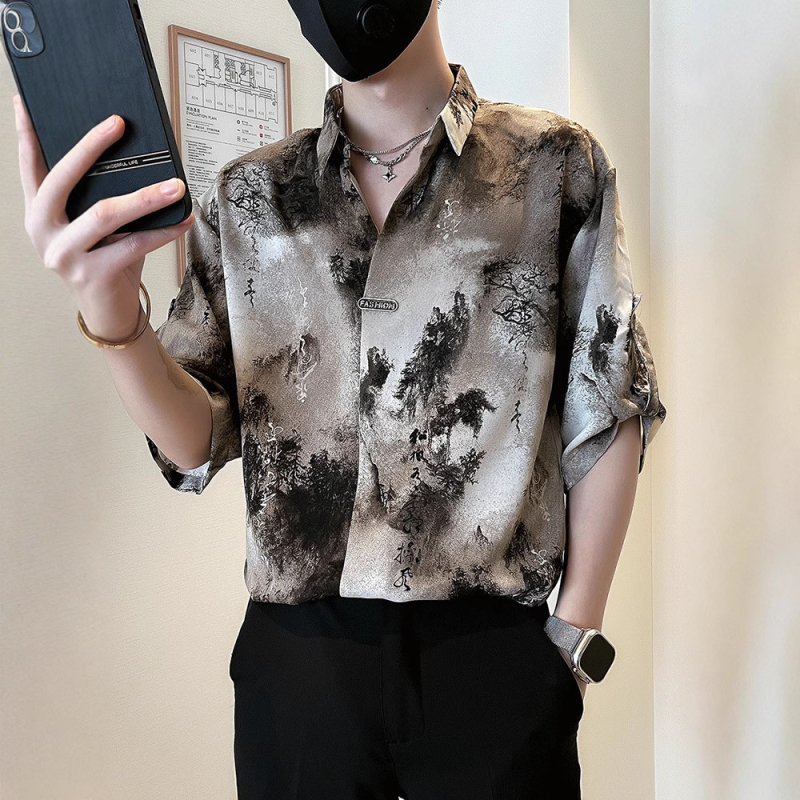 Muška košulja kratkih rukava s ink-wash tie-dye uzorkom, novi kineski stil, ljeto 2025