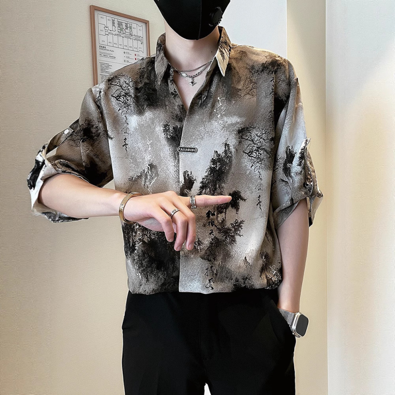 Muška košulja kratkih rukava s ink-wash tie-dye uzorkom, novi kineski stil, ljeto 2025