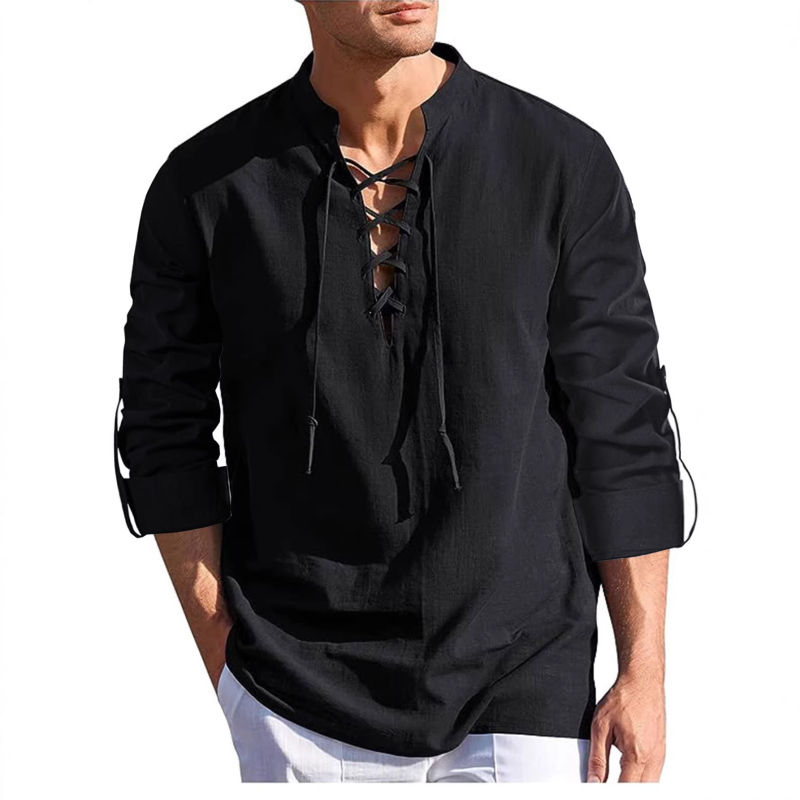 Muška Henley košulja od pamuk-linen, dugi rukav, stojeći ovratnik