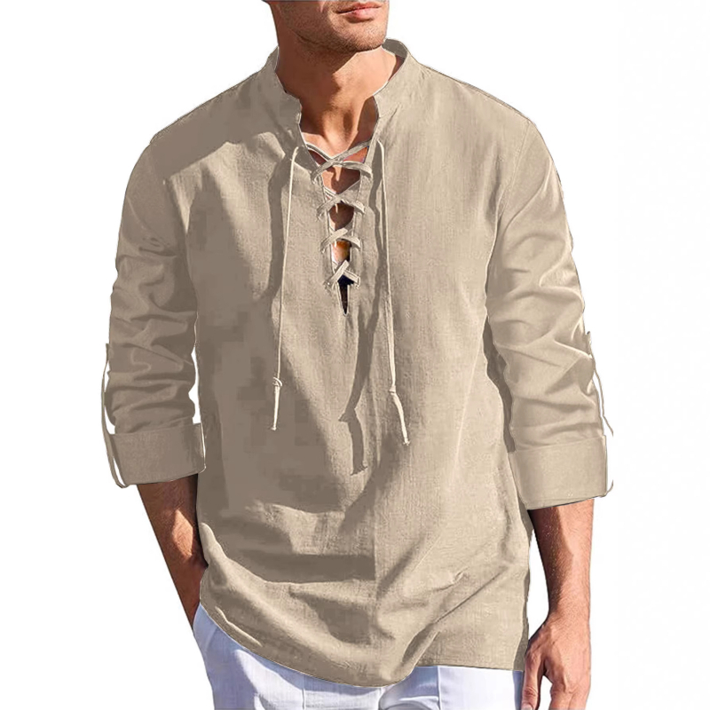 Muška Henley košulja od pamuk-linen, dugi rukav, stojeći ovratnik