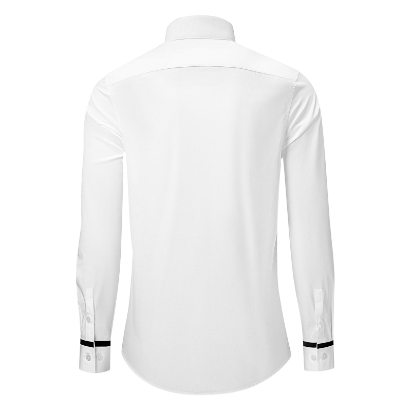 Мъжка памучна риза с дълги ръкави, slim fit, райета и флок принт с буква V, подходяща за бизнес-ежедневие през пролетта и есента.