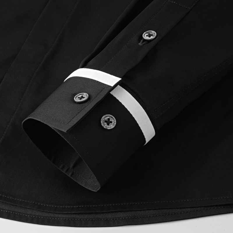 Мъжка памучна риза с дълги ръкави, slim fit, райета и флок принт с буква V, подходяща за бизнес-ежедневие през пролетта и есента.