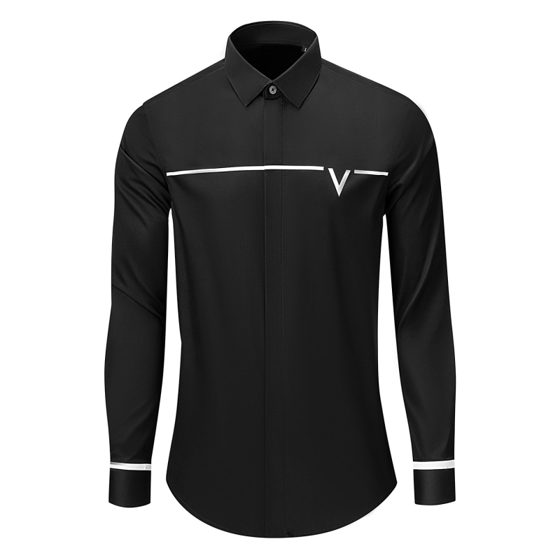 Мъжка памучна риза с дълги ръкави, slim fit, райета и флок принт с буква V, подходяща за бизнес-ежедневие през пролетта и есента.
