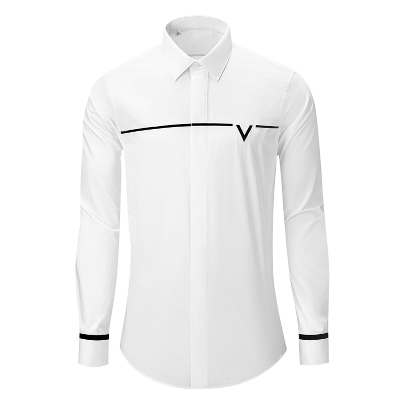 Мъжка памучна риза с дълги ръкави, slim fit, райета и флок принт с буква V, подходяща за бизнес-ежедневие през пролетта и есента.