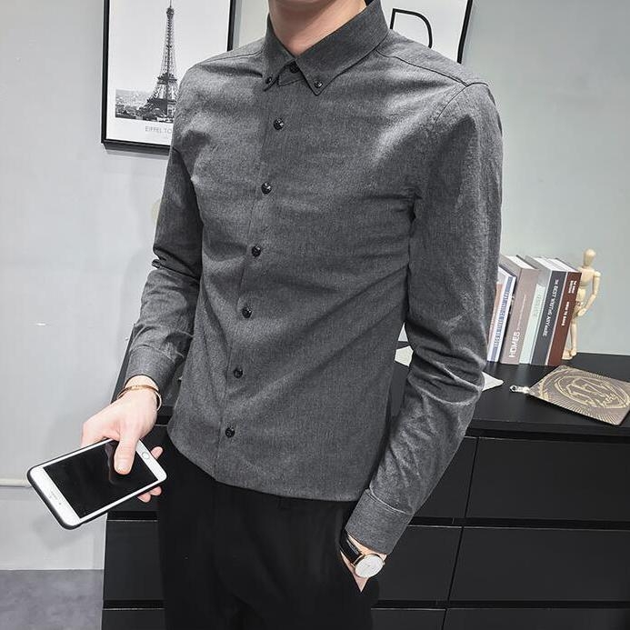 Muška košulja u korejskom stilu, slim-fit, dugi rukav, siva, casual poslovna košulja za proljeće i jesen