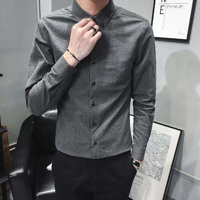 Muška košulja u korejskom stilu, slim-fit, dugi rukav, siva, casual poslovna košulja za proljeće i jesen