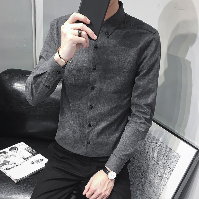 Muška košulja u korejskom stilu, slim-fit, dugi rukav, siva, casual poslovna košulja za proljeće i jesen