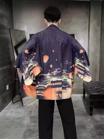 Унисекс риза-кардиган в японски ретро стил, кимоно дизайн, свободна кройка, три четвърти ръкав, стойка яка
