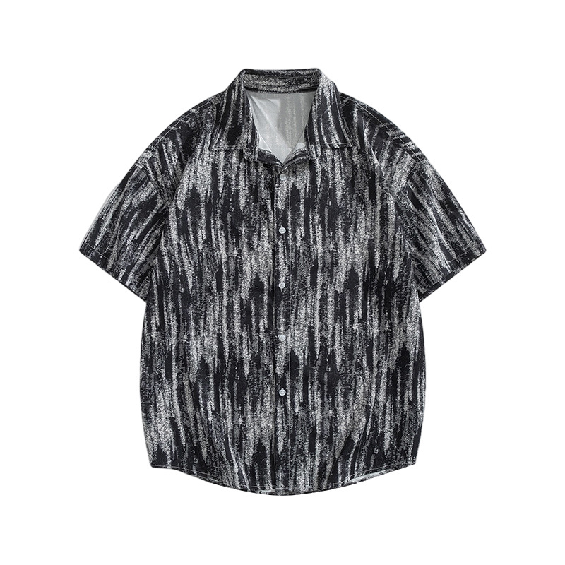 Muška kratka košulja od ice silk, lagana, slobodnog kroja, print s ink-wash učinkom, ljeto