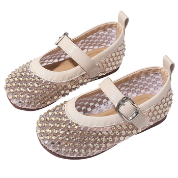 Dječje kožne sandale za djevojčice, proljeće 2026, prozračne prorezane s rhinestones, francuski stil, meka potplata, Velcro kopča