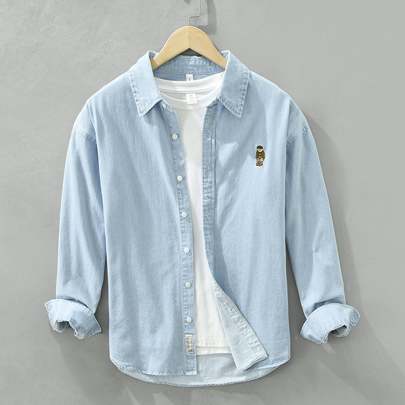 6691 Denim košulja s dugim rukavima s vezom, japanski casual stil, minimalistički umjetnički top