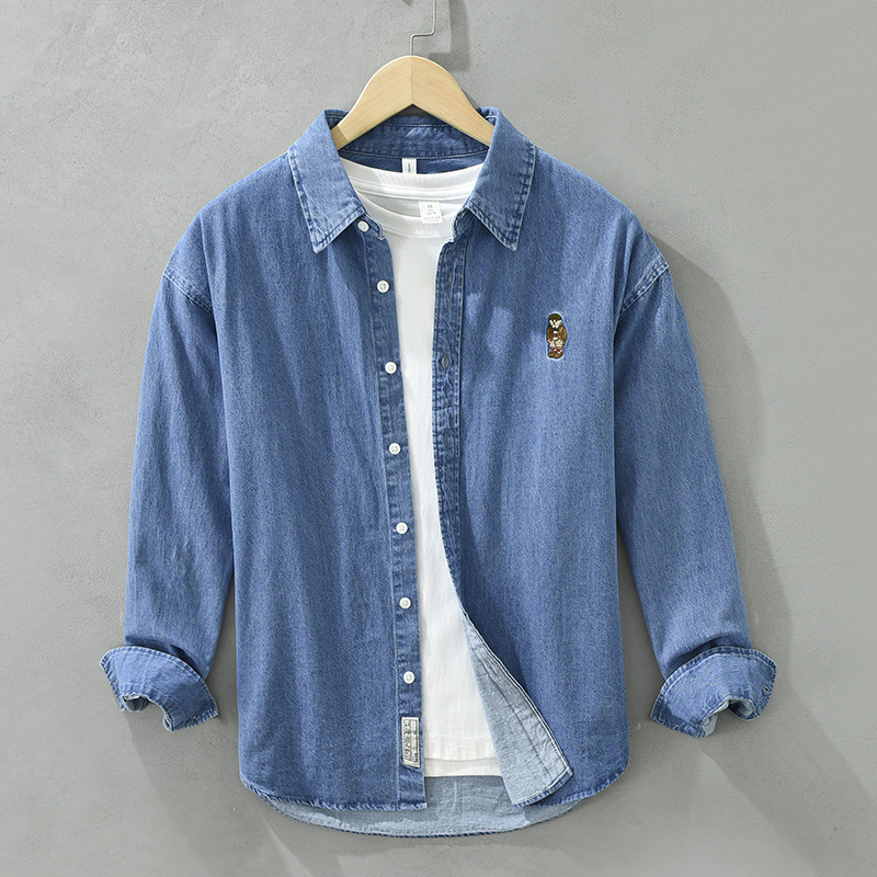 6691 Denim košulja s dugim rukavima s vezom, japanski casual stil, minimalistički umjetnički top