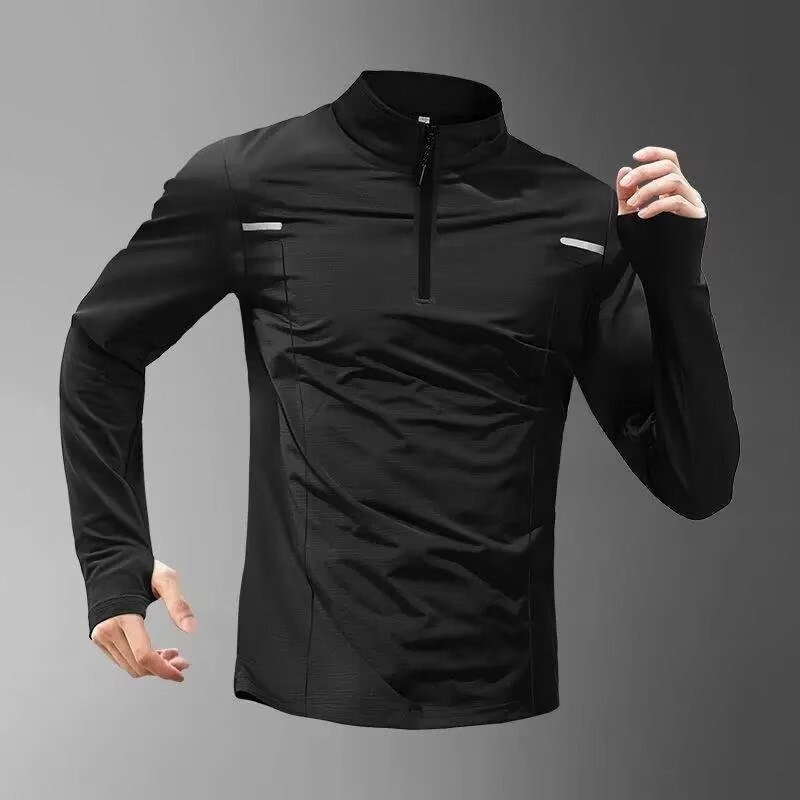 Muška ljetna sportska majica s dugim rukavima, brzo sušeća, tanka, stojeći ovratnik, za fitness i trčanje na otvorenom, Ice Silk
