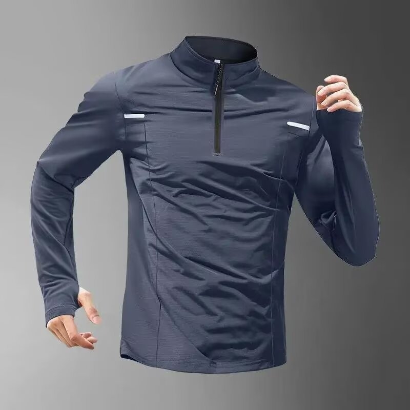 Muška ljetna sportska majica s dugim rukavima, brzo sušeća, tanka, stojeći ovratnik, za fitness i trčanje na otvorenom, Ice Silk