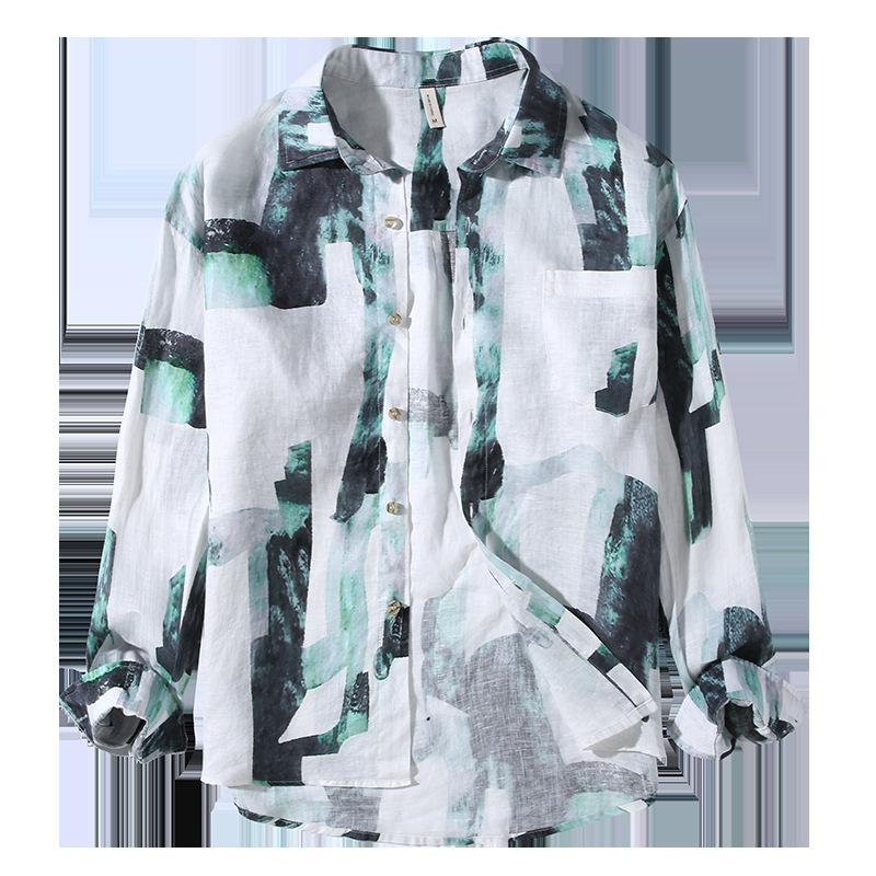 Muška lanena košulja s floralnim printom, opuštenog kroja, dugih rukava, gradski stil