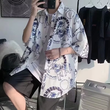 Harajuku стил мъжка риза с къс ръкав, драпирана и лека, ледена коприна материя, плюс размер, японски стил