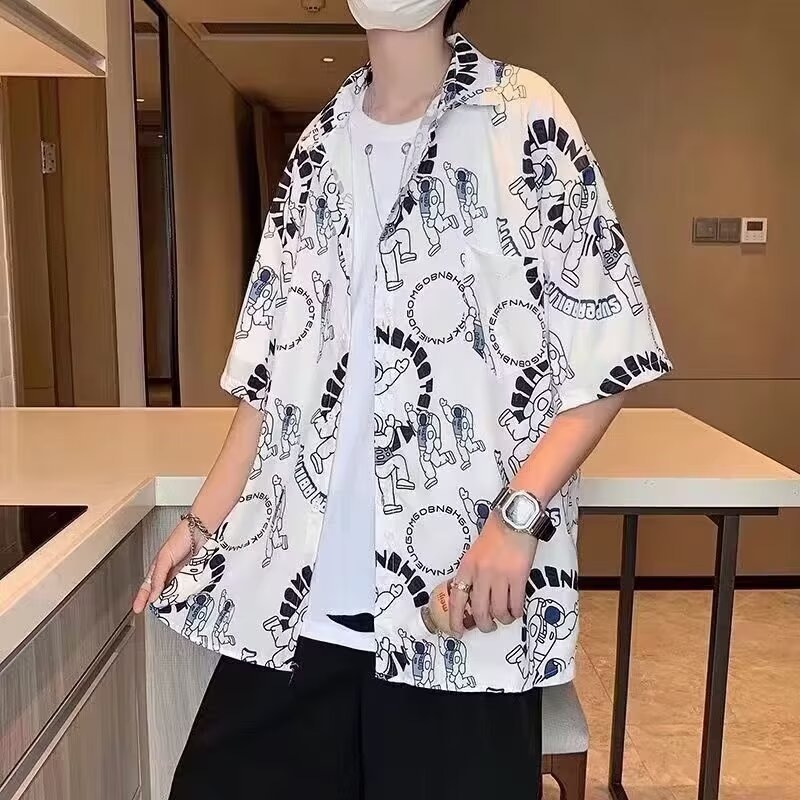 Harajuku стил мъжка риза с къс ръкав, драпирана и лека, ледена коприна материя, плюс размер, японски стил