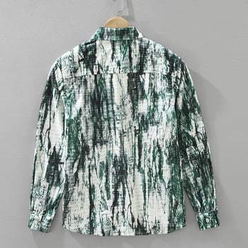 7736 Japanski stil tie-dye košulja s dugim rukavima za muškarce, skriveni gumbi, uzorak blok boja, kvadratni izrez, opuštena silueta, svakodnevno nošenje