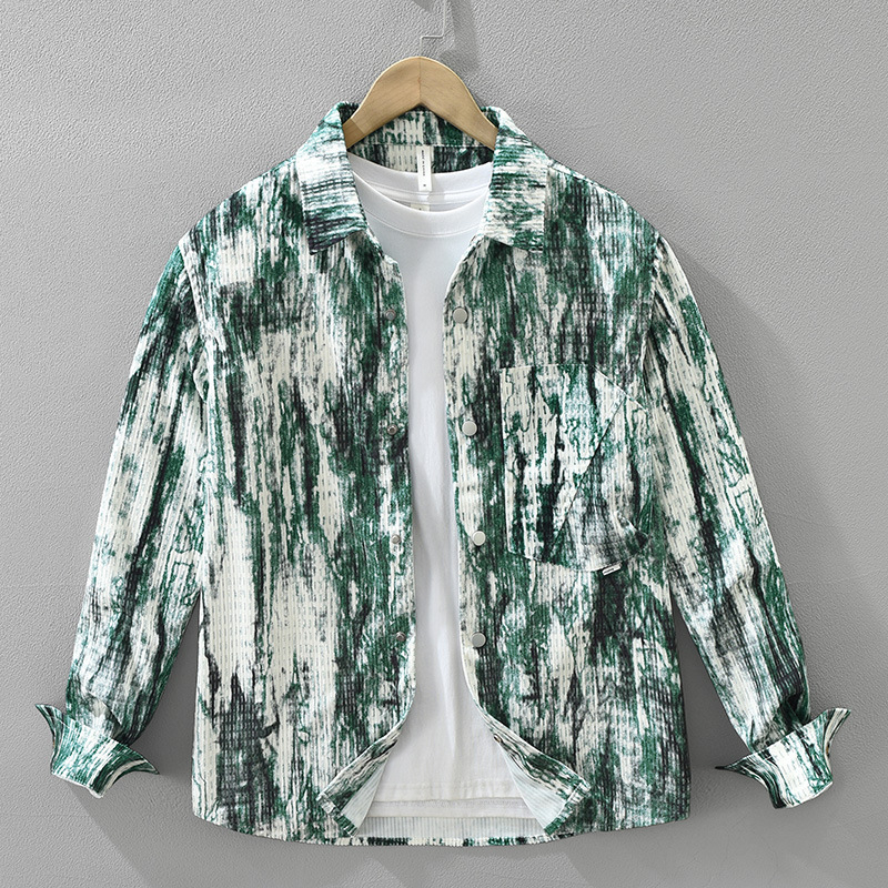 7736 Japanski stil tie-dye košulja s dugim rukavima za muškarce, skriveni gumbi, uzorak blok boja, kvadratni izrez, opuštena silueta, svakodnevno nošenje