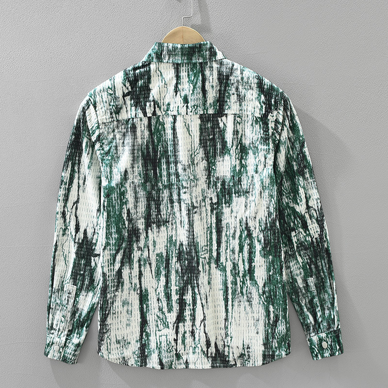 7736 Japanski stil tie-dye košulja s dugim rukavima za muškarce, skriveni gumbi, uzorak blok boja, kvadratni izrez, opuštena silueta, svakodnevno nošenje