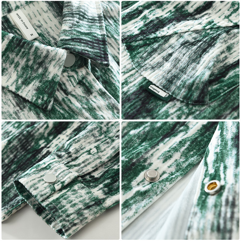 7736 Japanski stil tie-dye košulja s dugim rukavima za muškarce, skriveni gumbi, uzorak blok boja, kvadratni izrez, opuštena silueta, svakodnevno nošenje