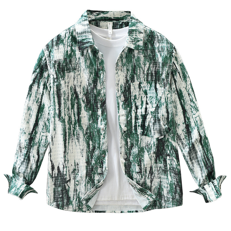 7736 Japanski stil tie-dye košulja s dugim rukavima za muškarce, skriveni gumbi, uzorak blok boja, kvadratni izrez, opuštena silueta, svakodnevno nošenje