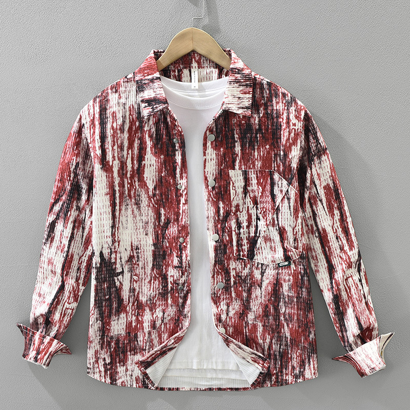 7736 Japanski stil tie-dye košulja s dugim rukavima za muškarce, skriveni gumbi, uzorak blok boja, kvadratni izrez, opuštena silueta, svakodnevno nošenje