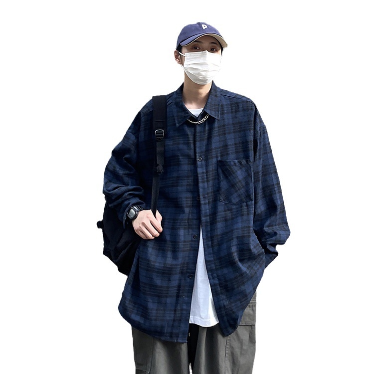 Muška košulja s dugim rukavima, karirani brušeni završetak, Harajuku stil, opuštena silueta