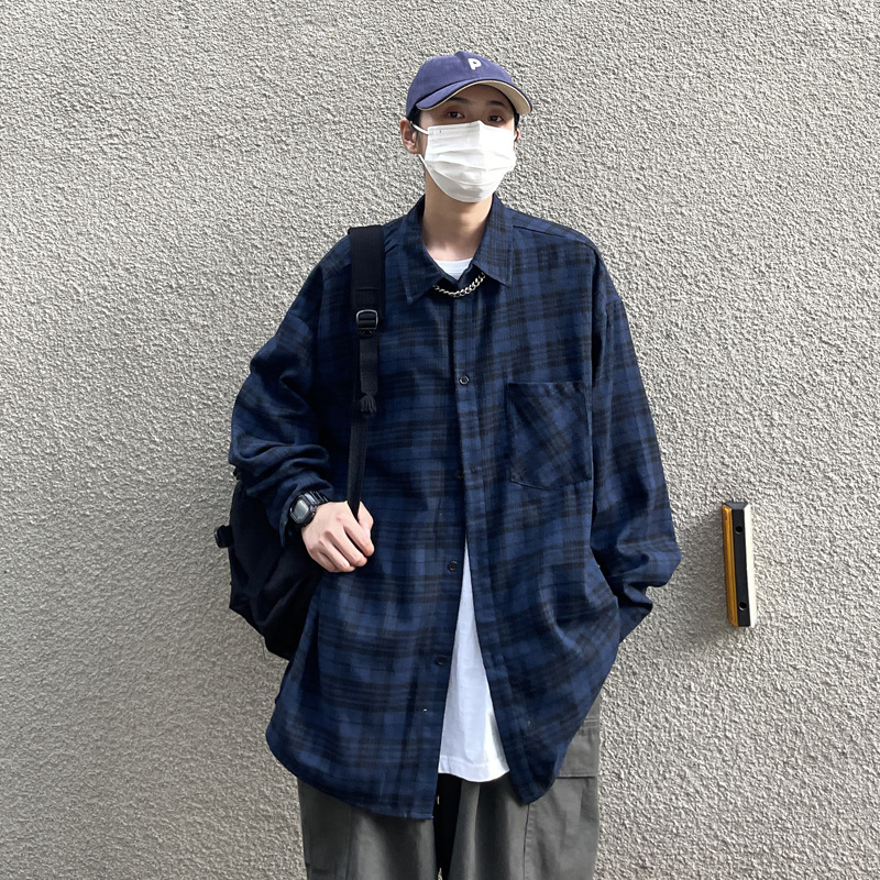 Muška košulja s dugim rukavima, karirani brušeni završetak, Harajuku stil, opuštena silueta