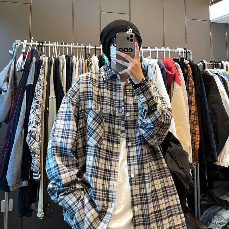 Muška košulja s dugim rukavima, karirani brušeni završetak, Harajuku stil, opuštena silueta