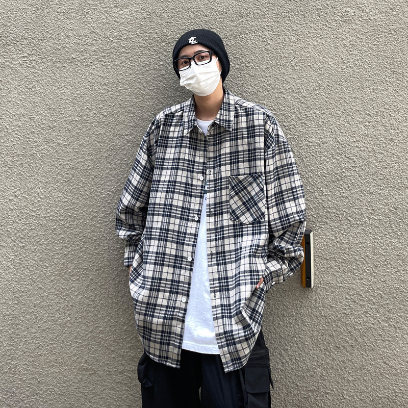 Muška košulja s dugim rukavima, karirani brušeni završetak, Harajuku stil, opuštena silueta