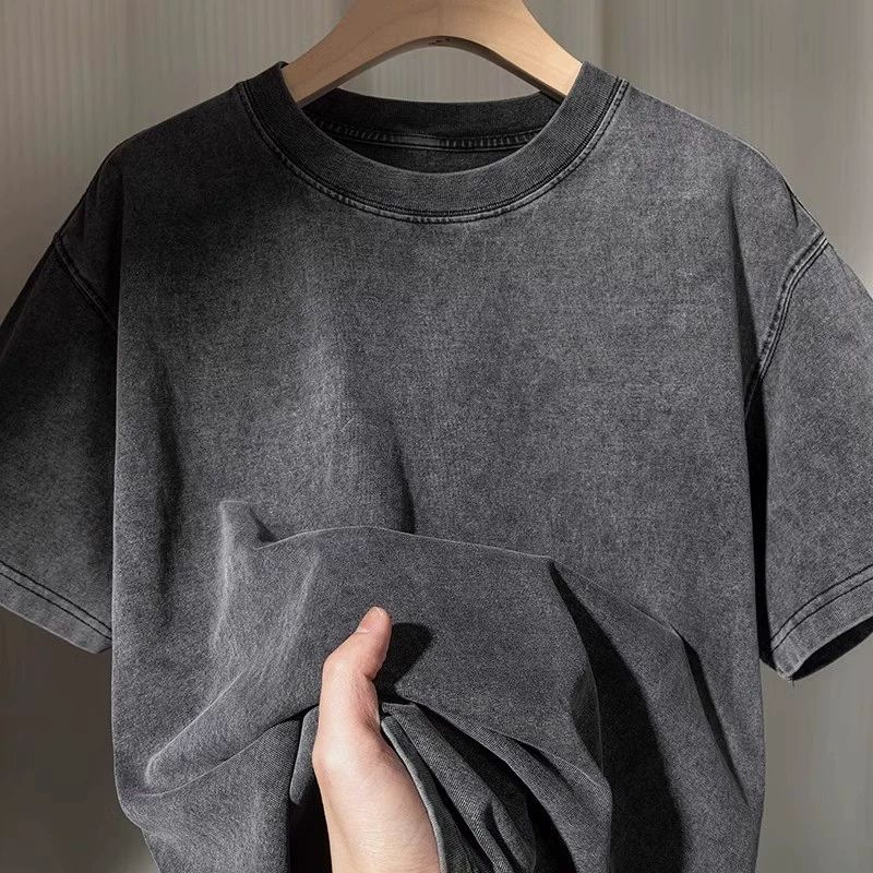 260 g teška pamučna majica kratkih rukava, oprana, vintage američki retro stil, unisex, jednobojna, ljeto 2025