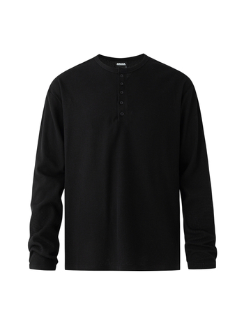 MYQ Muška dugačkih rukava T‑shirt s ovratnikom Henry, Old Money stil, slobodan kroj, waffles tekstura, jesenski svakodnevni komad