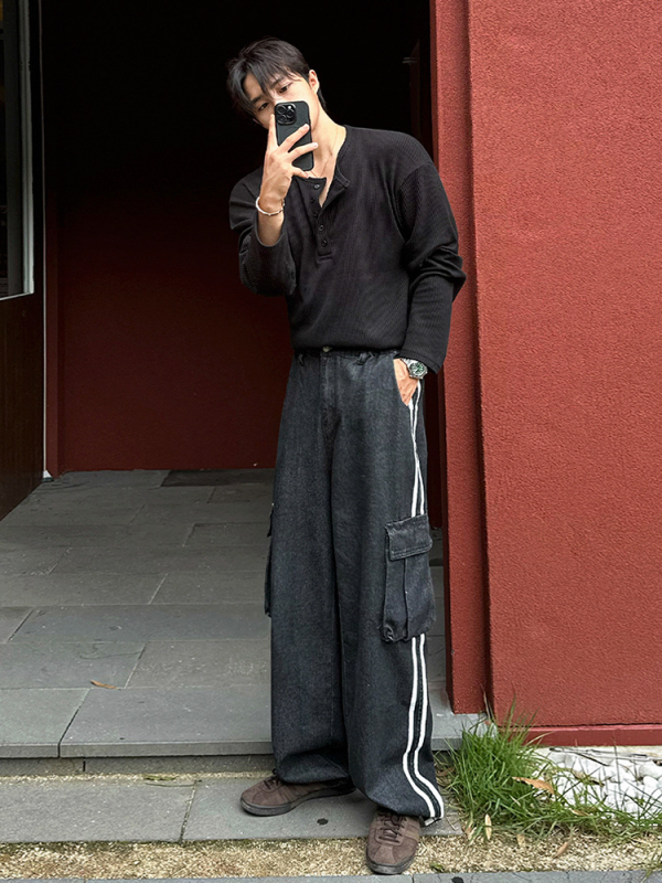 MYQ Muška dugačkih rukava T‑shirt s ovratnikom Henry, Old Money stil, slobodan kroj, waffles tekstura, jesenski svakodnevni komad