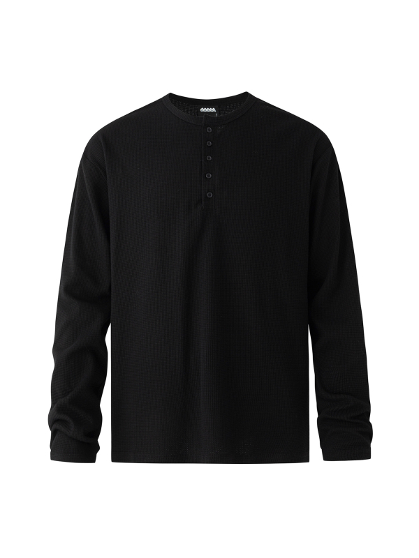 MYQ Muška dugačkih rukava T‑shirt s ovratnikom Henry, Old Money stil, slobodan kroj, waffles tekstura, jesenski svakodnevni komad