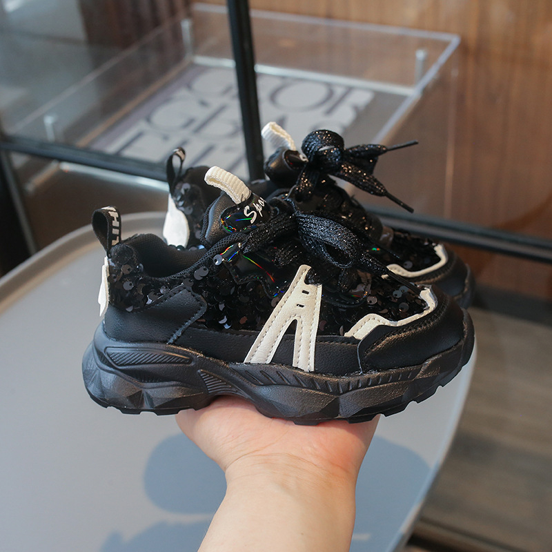 Dječje tenisice sa šljokicama, 2025 proljeće-jesen, lagane sportske tenisice u stilu fakulteta, za starije djevojčice, chunky dad shoes
