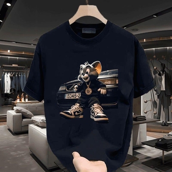 Muški ljetni pamukasti T-shirt s kratkim rukavima, karikatura print, opuštena kroj, okrugli ovratnik, casual stil