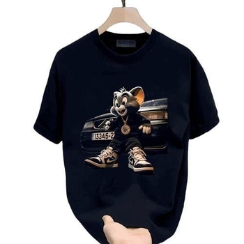 Muški ljetni pamukasti T-shirt s kratkim rukavima, karikatura print, opuštena kroj, okrugli ovratnik, casual stil