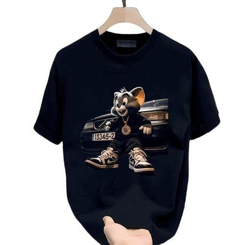 Muški ljetni pamukasti T-shirt s kratkim rukavima, karikatura print, opuštena kroj, okrugli ovratnik, casual stil