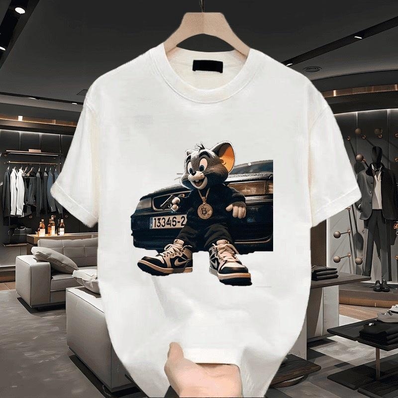 Muški ljetni pamukasti T-shirt s kratkim rukavima, karikatura print, opuštena kroj, okrugli ovratnik, casual stil