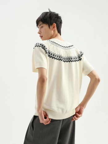Мъжка трикотажна тениска с Fair Isle модел, кръгла яка и Raglan ръкави, летна дишаща и удобна