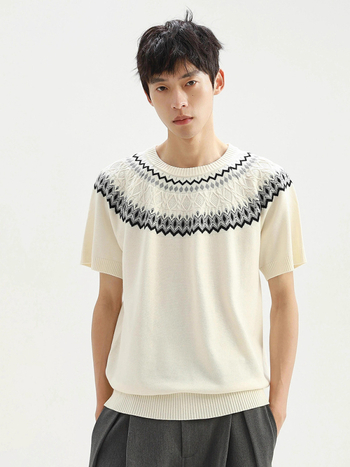 Мъжка трикотажна тениска с Fair Isle модел, кръгла яка и Raglan ръкави, летна дишаща и удобна