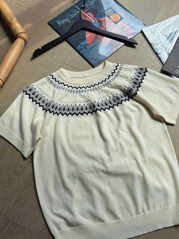 Мъжка трикотажна тениска с Fair Isle модел, кръгла яка и Raglan ръкави, летна дишаща и удобна